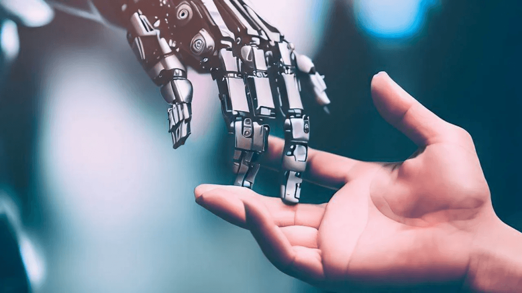 a human and a robot hand touching each other