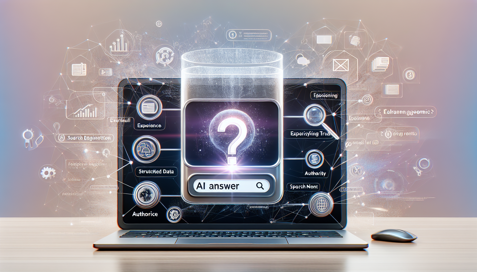 Modern illustration of laptop displaying Google Gemini AI answer box, SEO icons, E-E-A-T badges, and ranking graphs for SEO blog post.