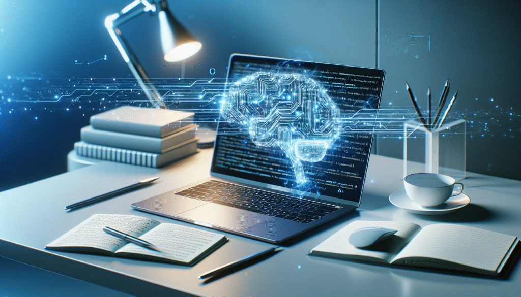 Modern workspace with glowing laptop generating digital code into text, AI motifs above keyboard, symbolizing AI writing tools and technology.