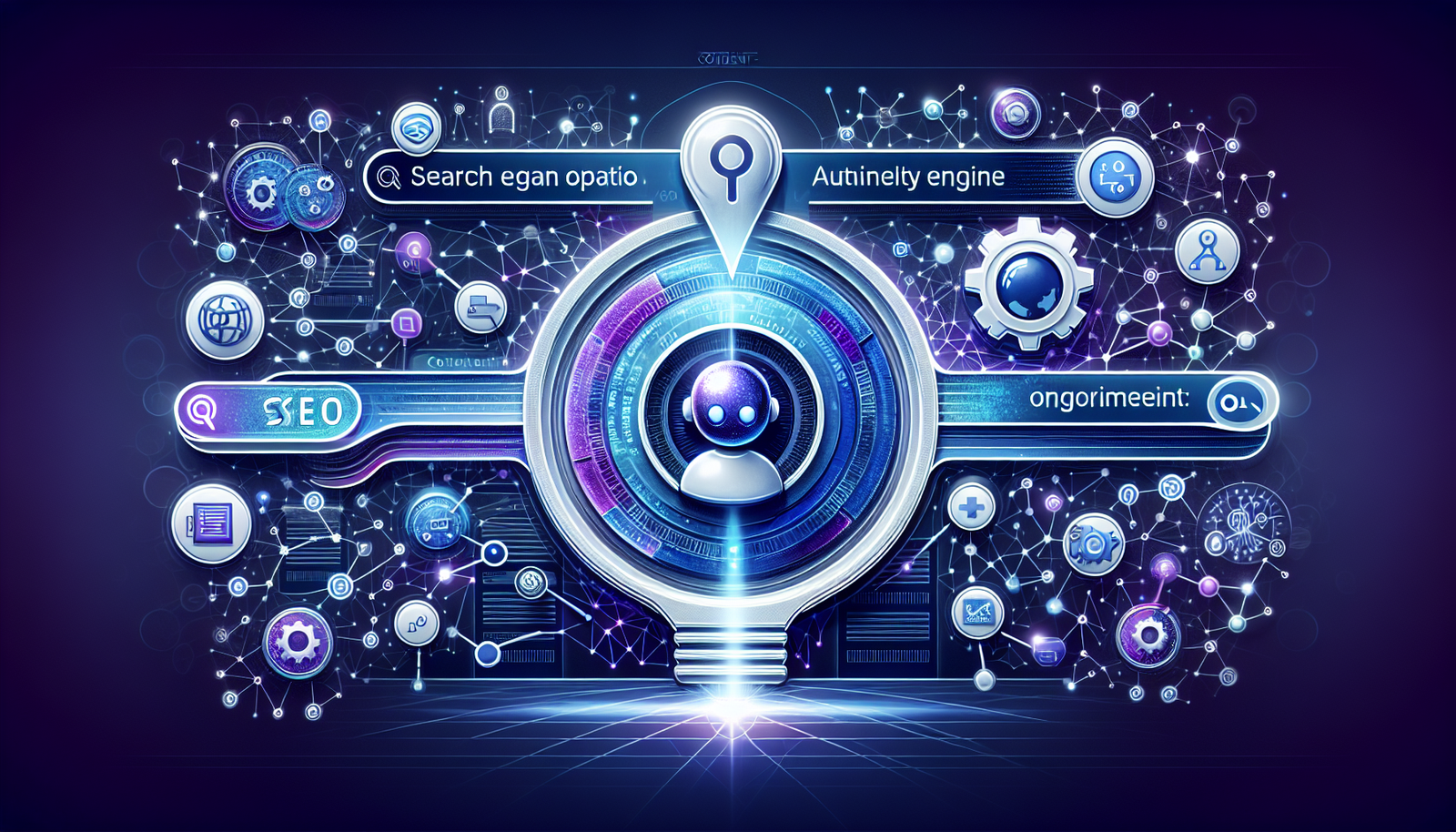 Modern illustration showing search evolution: SEO bar, AI robot for AEO, chat bubbles for GEO, with digital landscape and tech strategy icons.