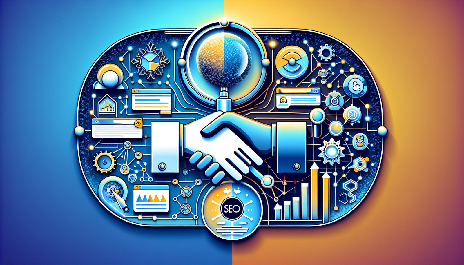 Modern digital illustration showing classic SEO symbols merging with generative AI GEO elements, representing synergy in evolving search landscape.