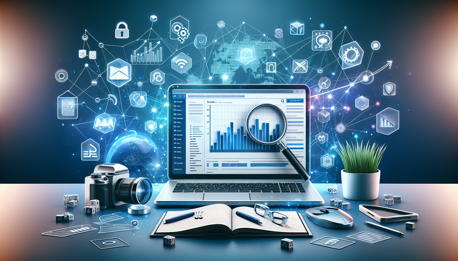 Illustration of a laptop with SEO analytics on screen, surrounded by digital marketing icons, symbolizing the impact of optimized images on SEO rankings.