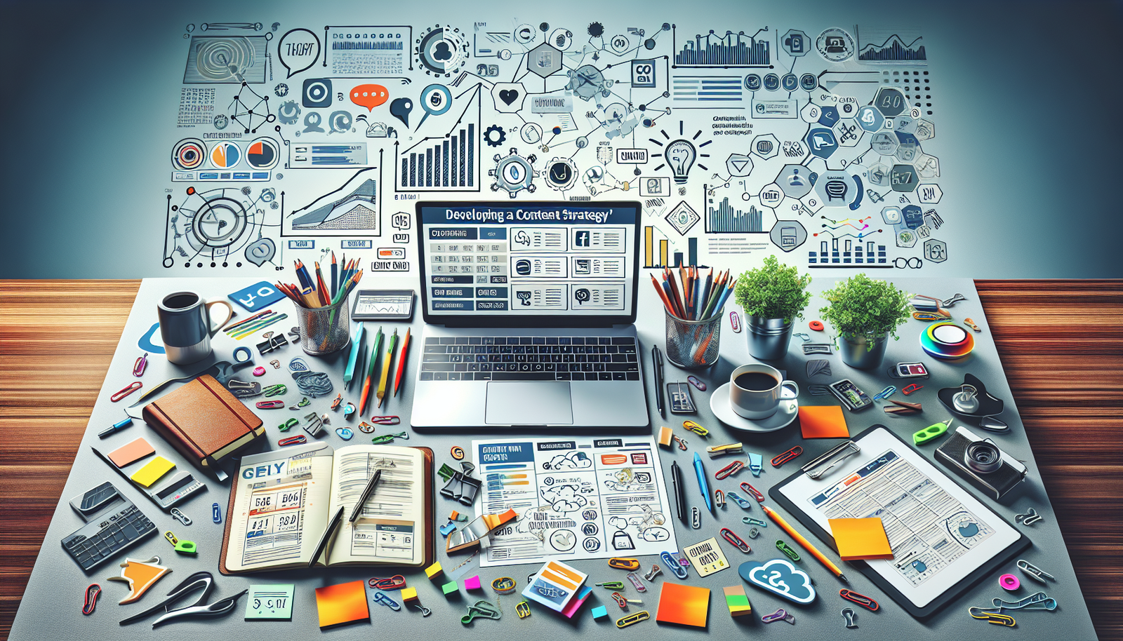 Image of a modern workspace featuring a laptop with a digital content calendar, surrounded by marketing icons, notebooks, and a planning board for content strategy.