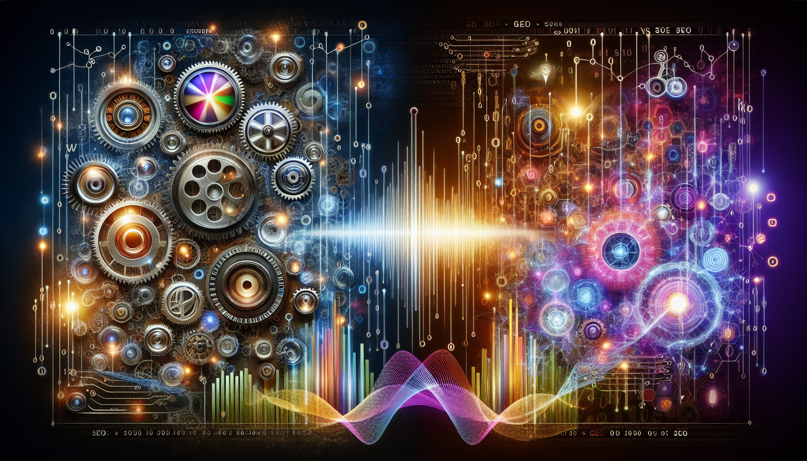 Image contrasting SEO and GEO; left: gears, digital infrastructure, Google/Bing logos; right: vibrant AI, digital neurons, holographic tech. Title: "GEO vs SEO: The Future of Optimization."