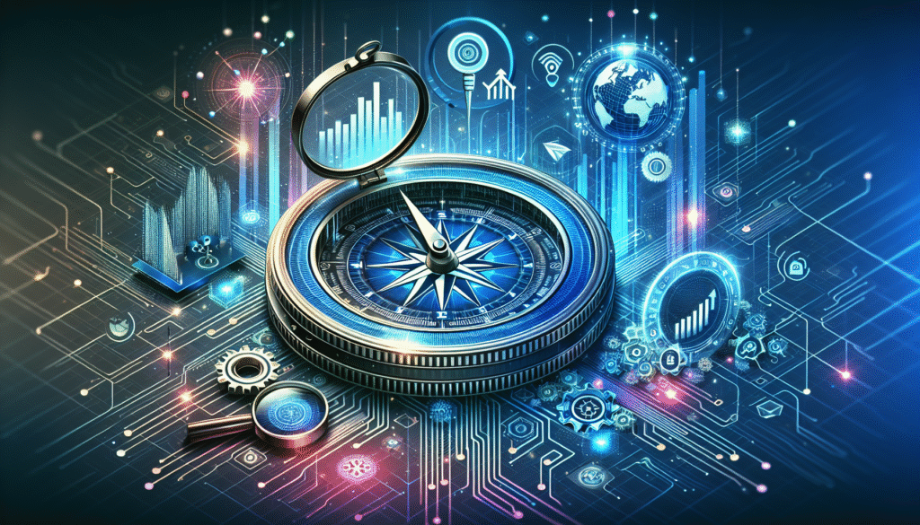 Digital illustration of SEO navigation: modern compass with circuit patterns; surrounded by icons for search, growth, and global digital strategy.
