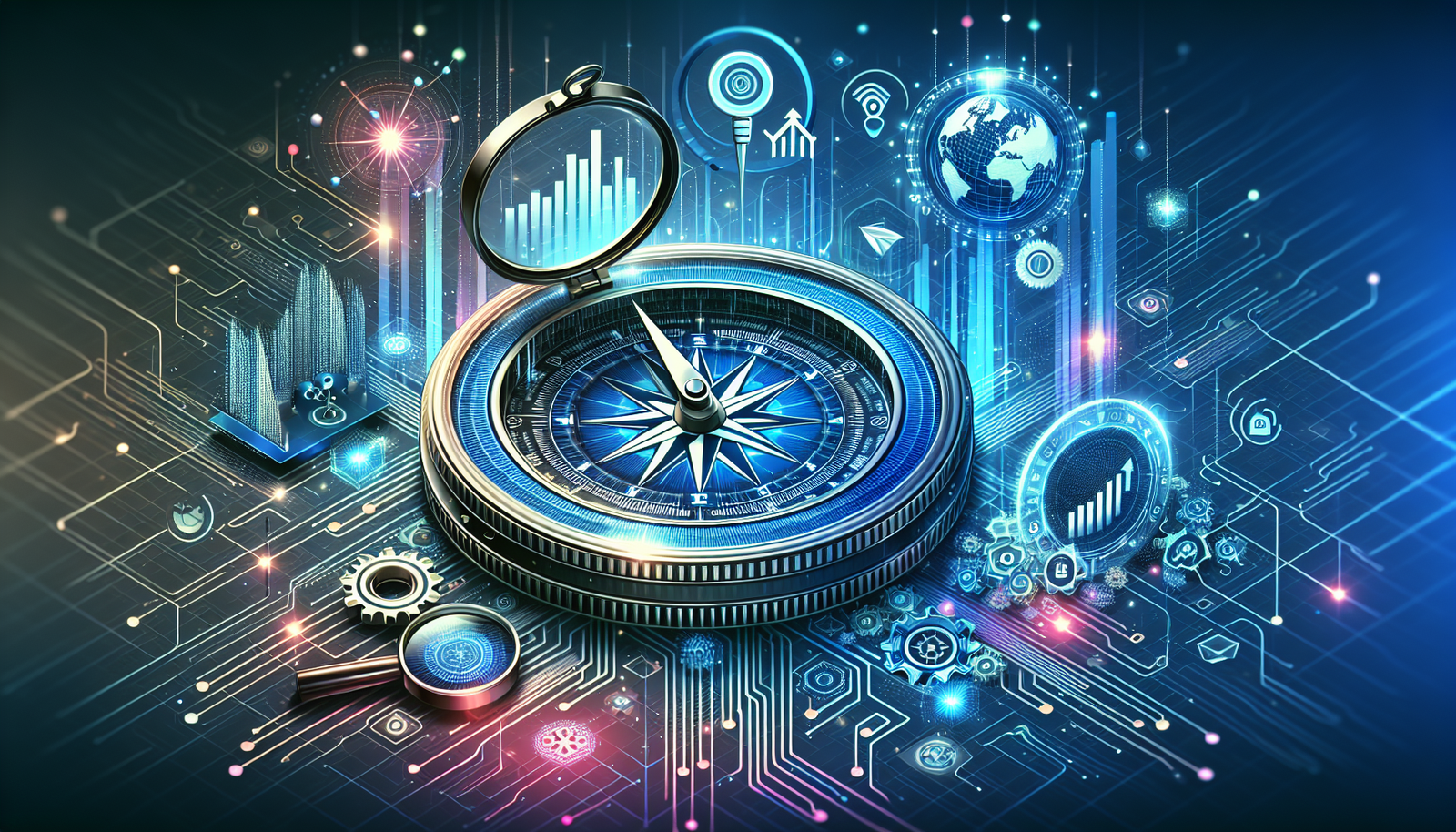 Digital illustration of SEO navigation: modern compass with circuit patterns; surrounded by icons for search, growth, and global digital strategy.