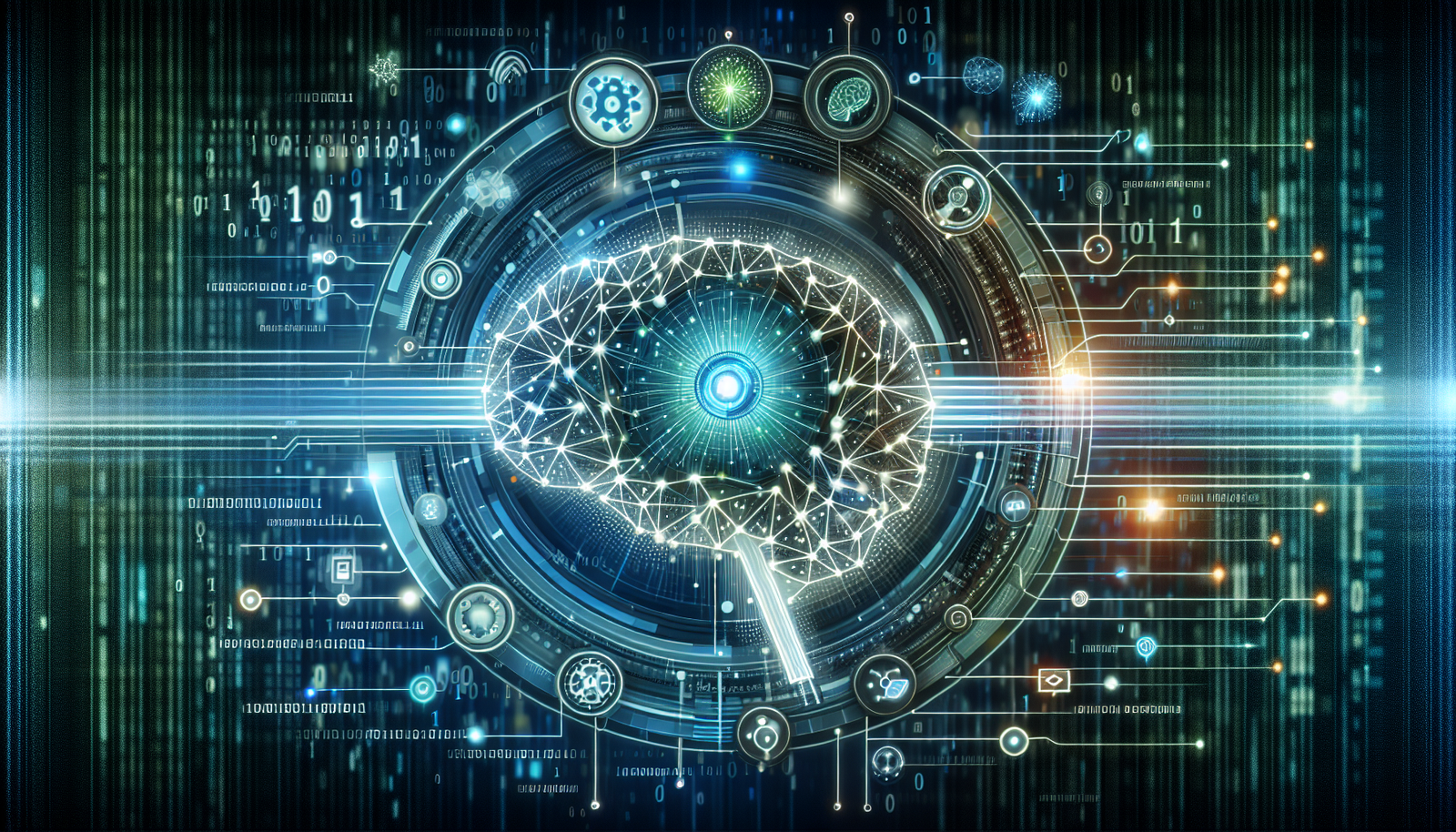 Futuristic AI-powered semantic search image with a digital brain, neural connections, and binary code, highlighting NLP and machine learning integration.