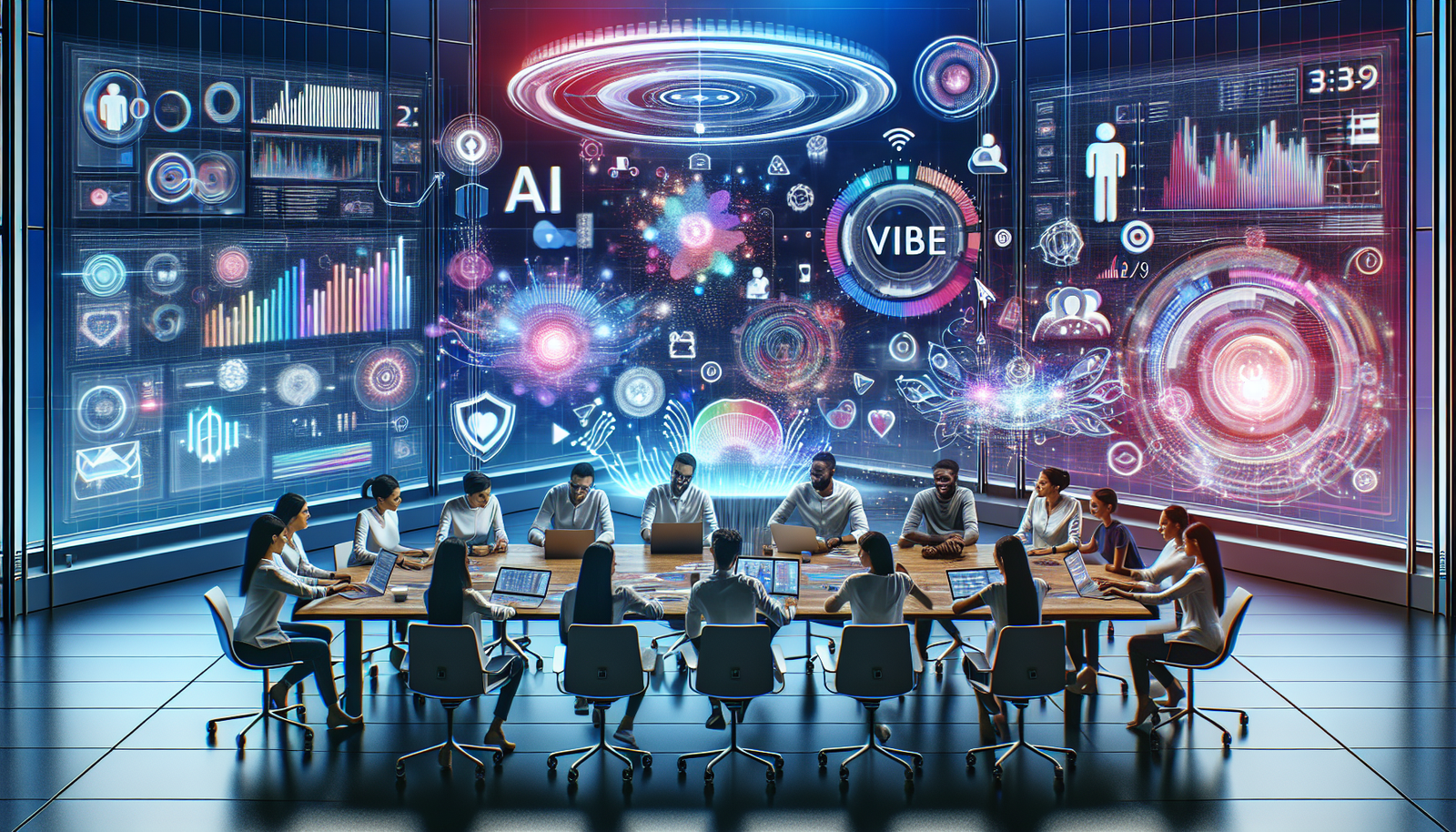 Modern digital marketing team collaborating with AI holograms, colorful graphs, and social media icons for a vibe marketing blog.