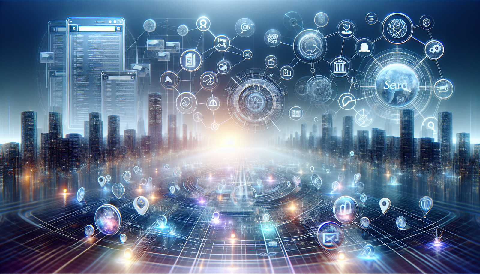 Image of SEO's evolution: From keywords and backlinks to AI-driven strategies with digital grids, neural networks, and social media, in a modern scene.