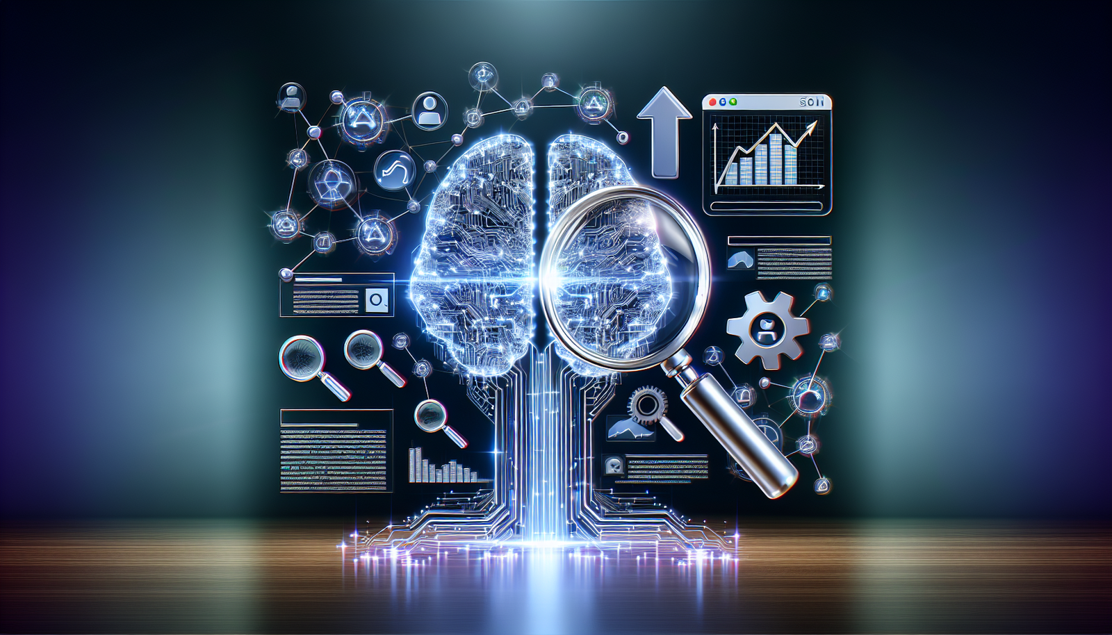 Modern digital collage featuring a glowing AI brain merging with SEO icons, ranking arrows, and search engine elements on a high-tech background.