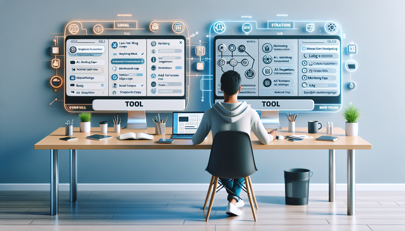 Modern home office desk with creator comparing Copymatic vs Writesonic AI writing tools on dual laptops, choosing the best content workflow