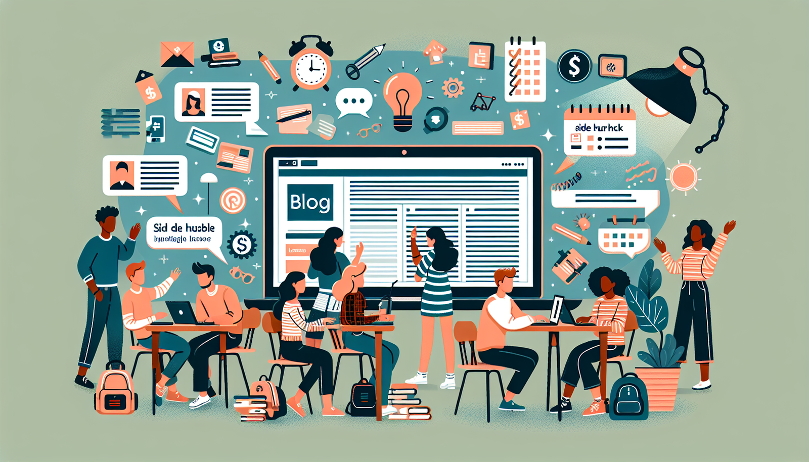 Illustration of diverse college students brainstorming blog ideas around a laptop showing posts on college life, study hacks, side hustles, and campus guides