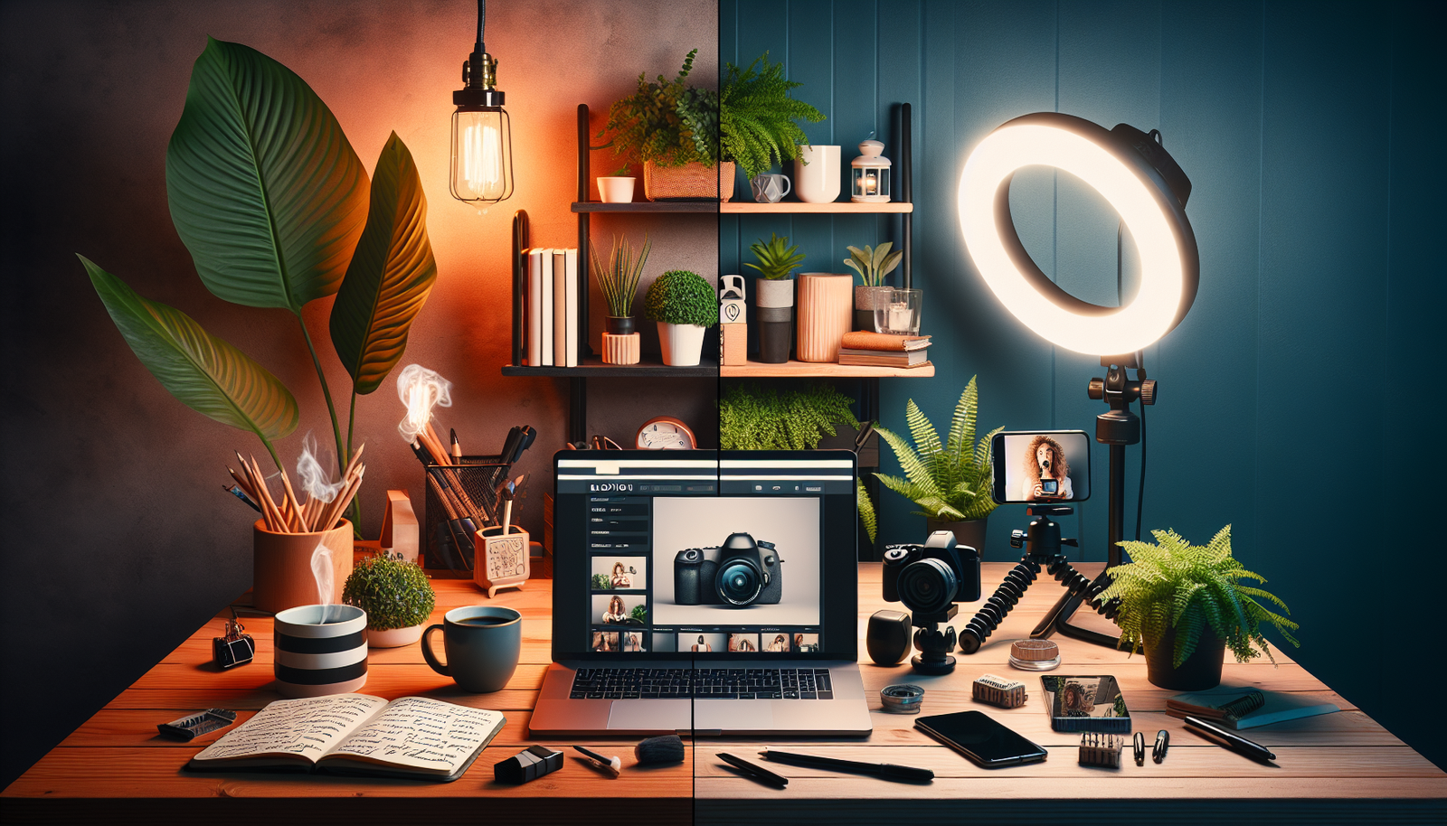 Image contrasting blogging and vlogging: Left shows a laptop with a text blog, coffee, plant; right features camera, tripod, and smartphone with video setup.