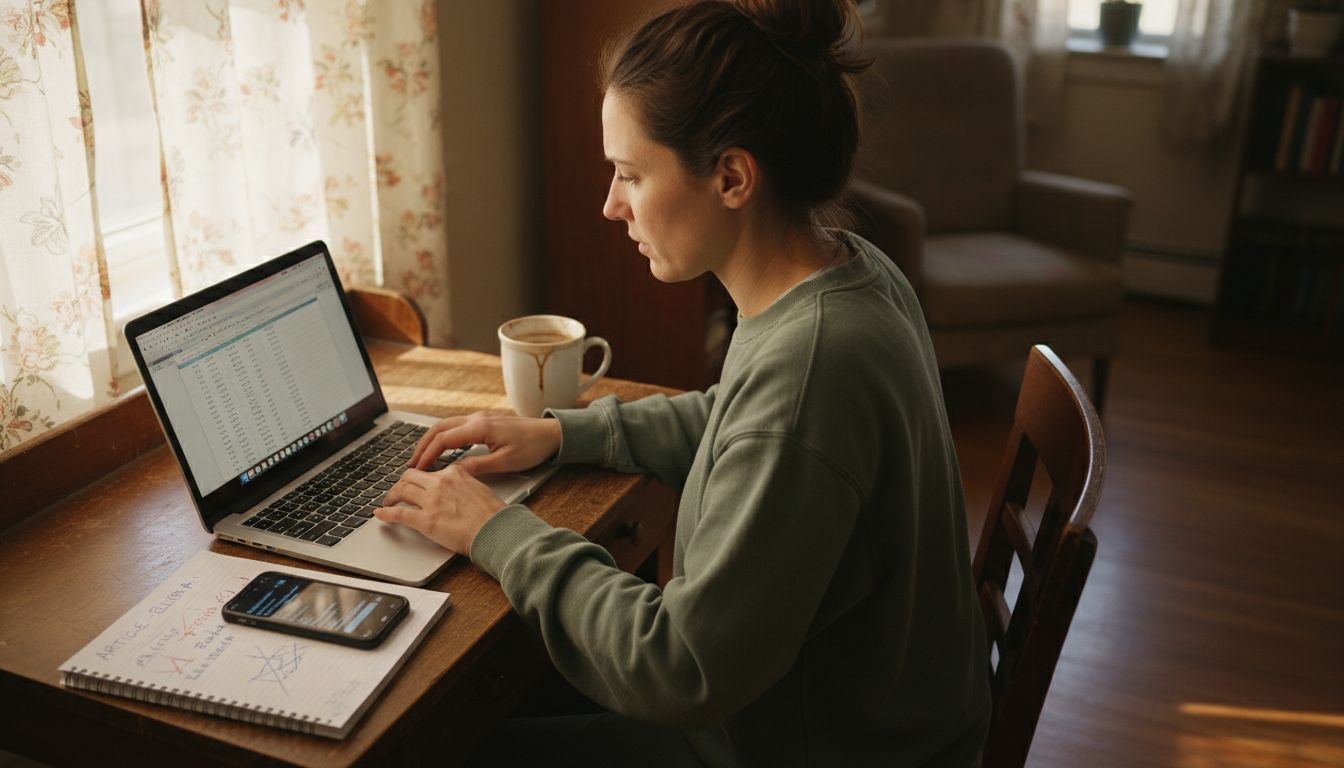 Freelance writer typing at home desk