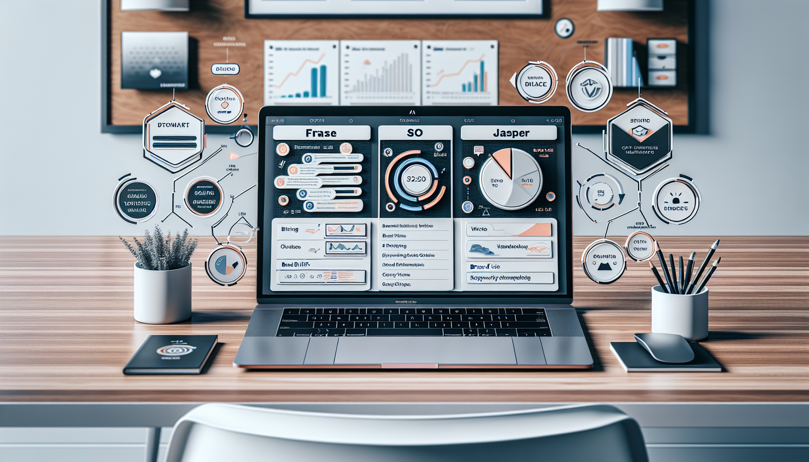 Marketer at modern desk comparing Frase vs Jasper AI tools on laptop for blog SEO, content strategy, and analytics in flat‑lay workspace scene.