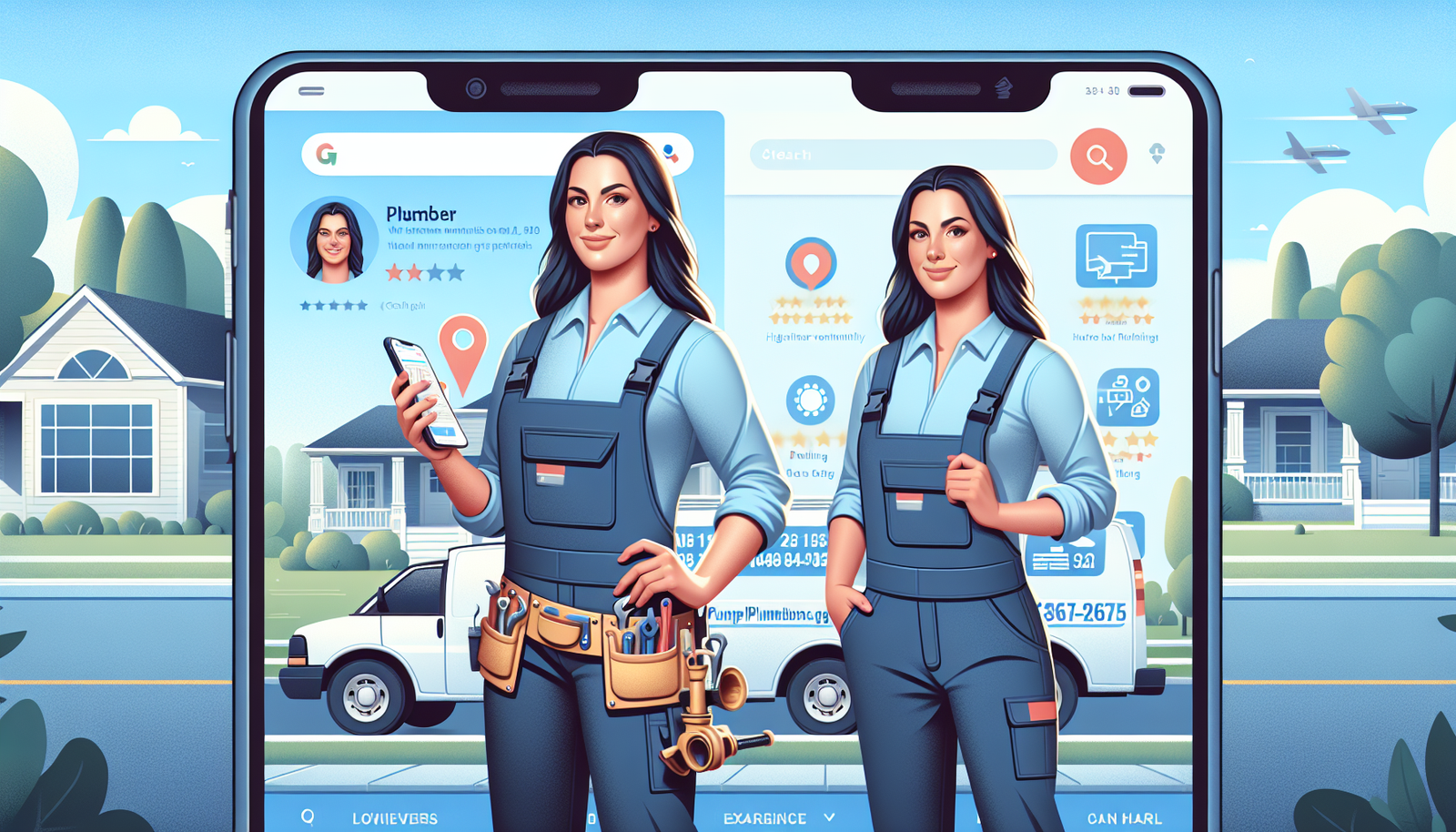 Modern illustration of local plumber ranking first in search, standing by van with phone as calls and reviews boost online visibility in neighborhood.