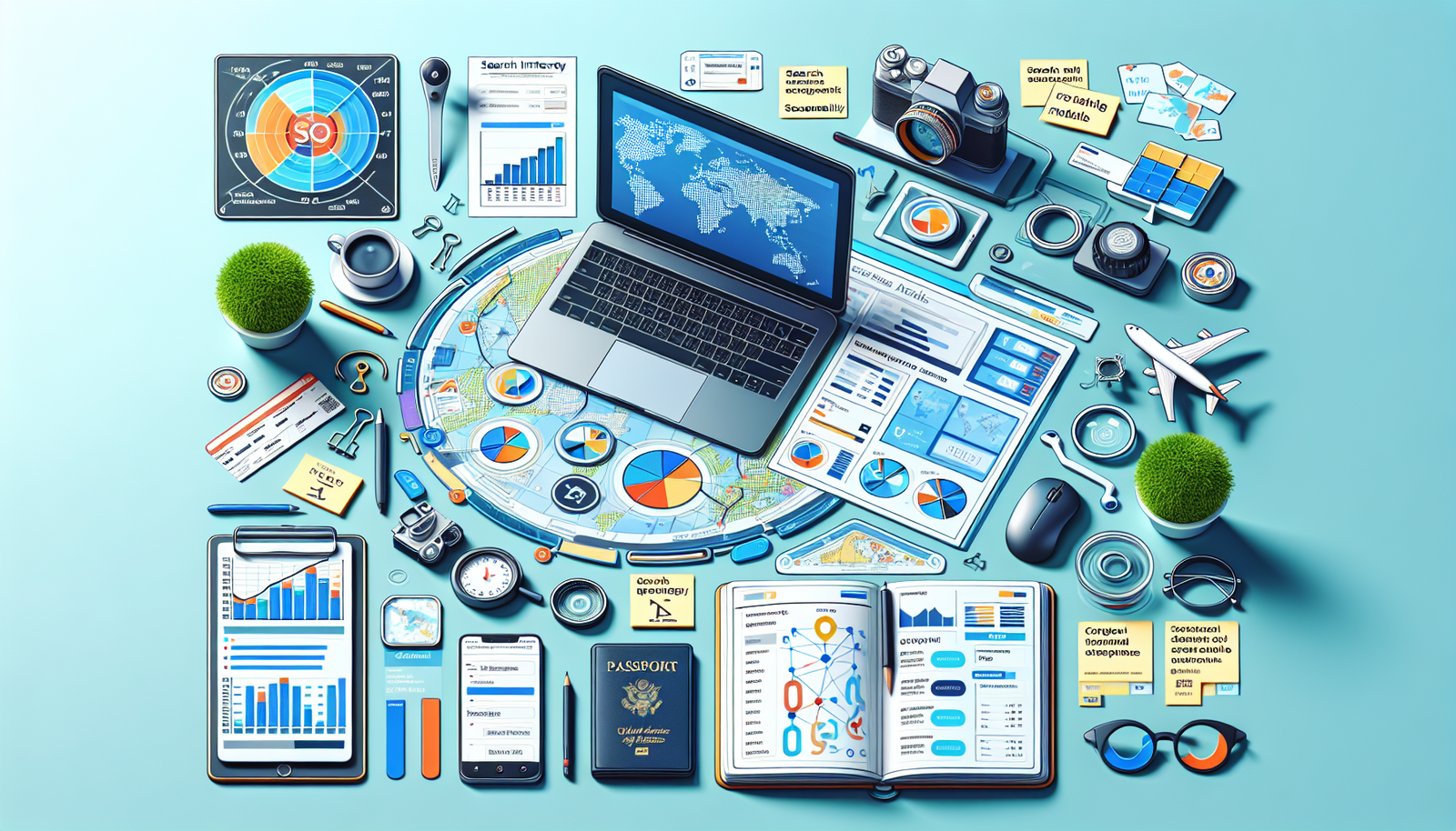 Flat‑lay illustration of laptop SEO analytics dashboard with travel map, passport and airplane, ideal blog hero image for travel industry SEO strategy