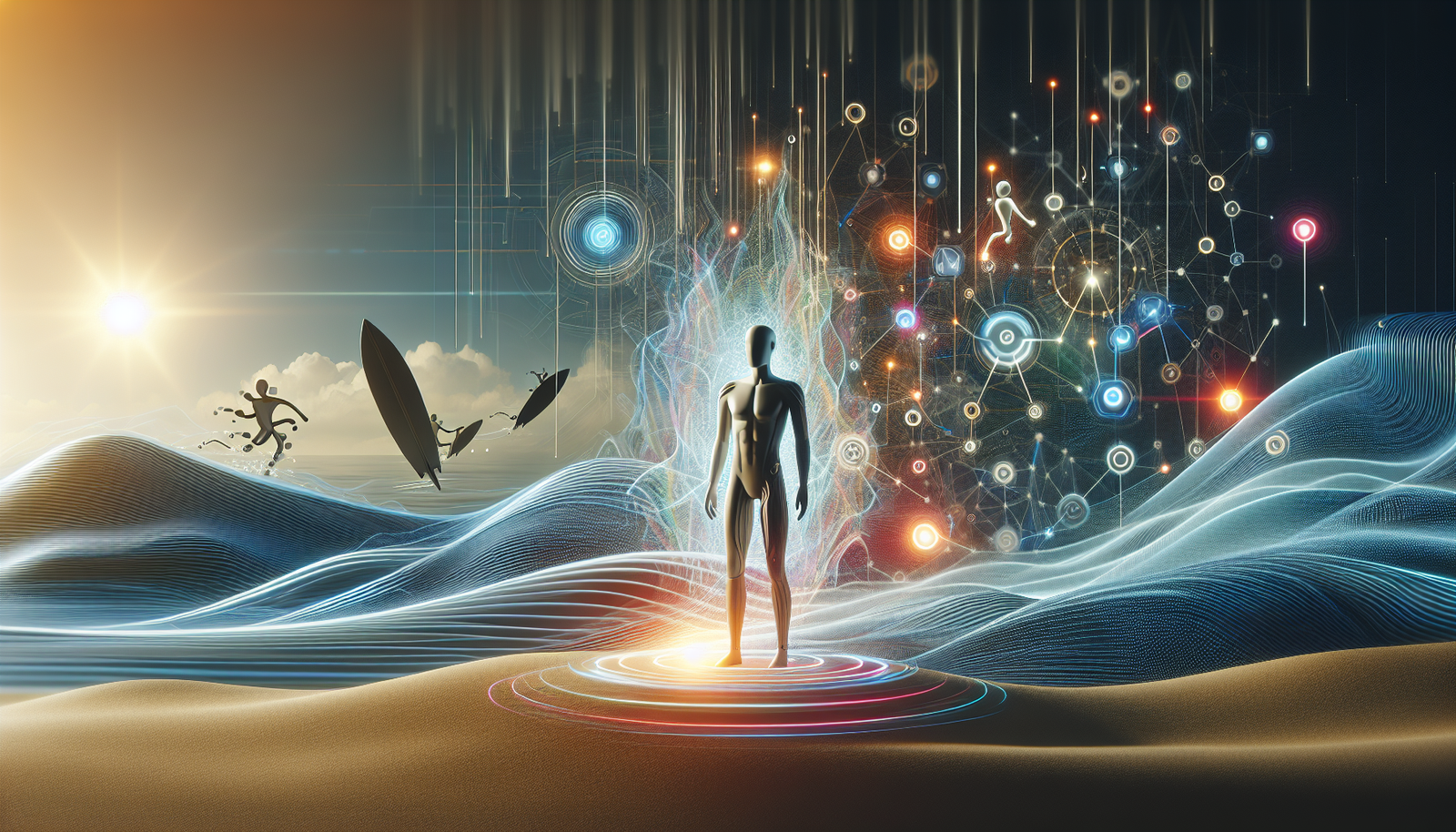 Futuristic landscape with abstract AI figures; Surfer SEO waves and surfboards vs Jasper's network of nodes, 2026 technology theme.