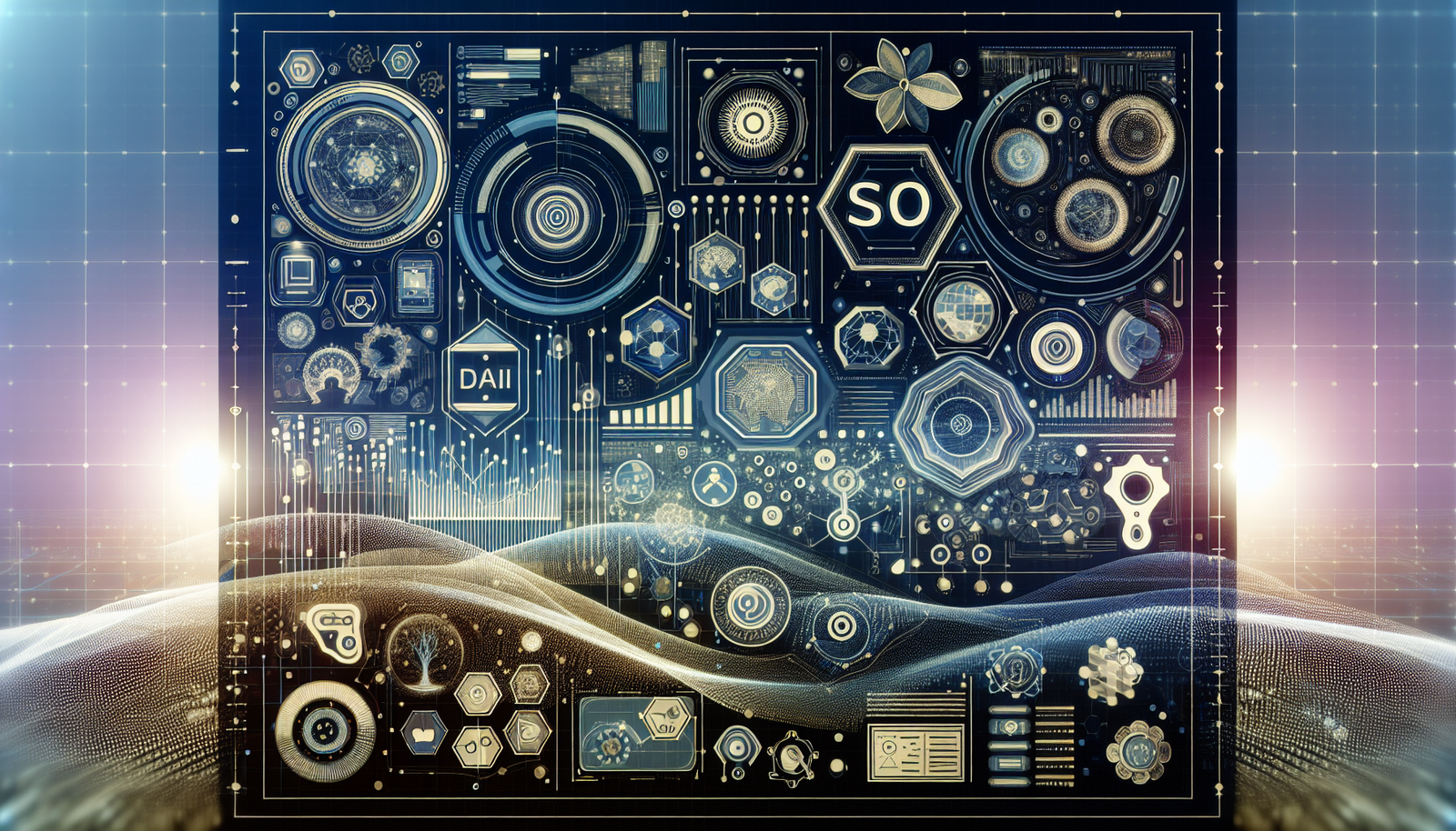 Futuristic digital landscape showcasing AI, with sleek icons of Surfer SEO vs Frase, symbolizing competition in advanced SEO tools.