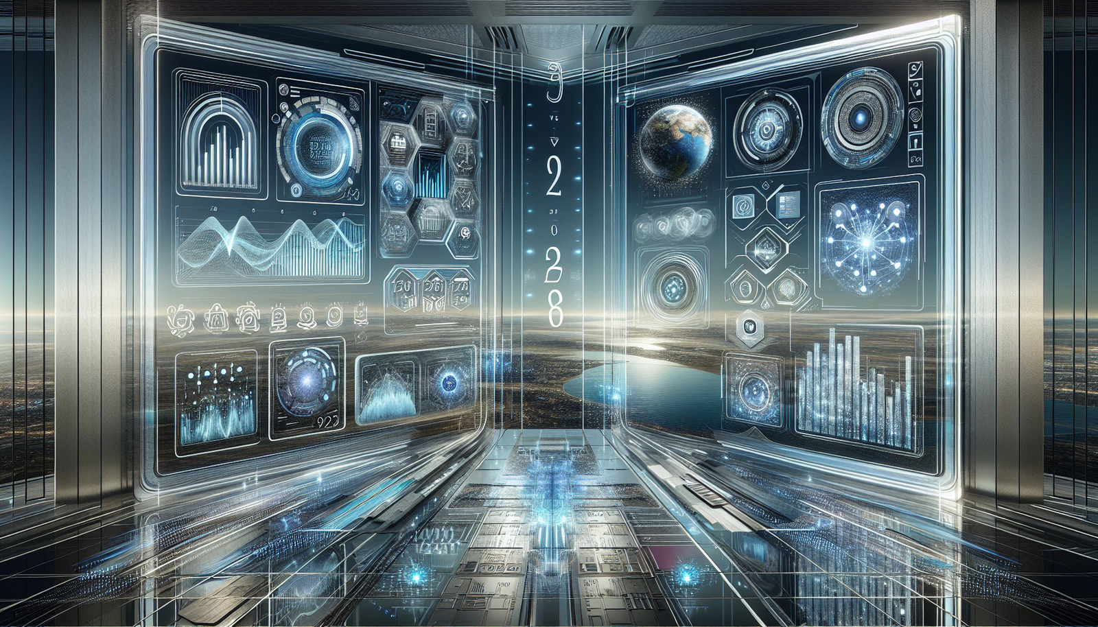 Futuristic office with holographic interfaces: Surfer SEO vs MarketMuse, featuring graphs, AI icons, and a 2026 digital calendar.