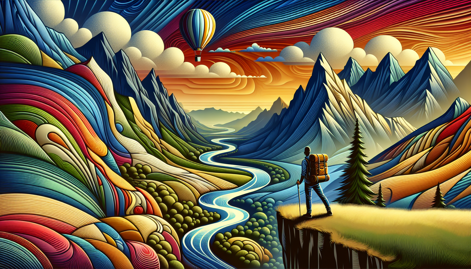 Whimsical landscape illustration with mountains, hot air balloon, and hiker. Perfect inspiration for adventure blog names.