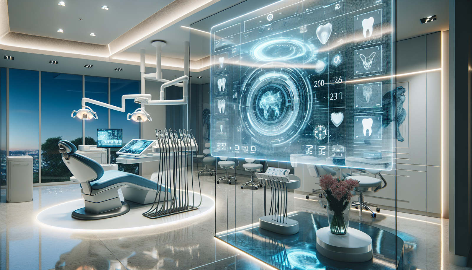 Futuristic dental office with advanced equipment and holographic calendar, highlighting innovation for 50 Blog Post Ideas for Dentists in 2026.