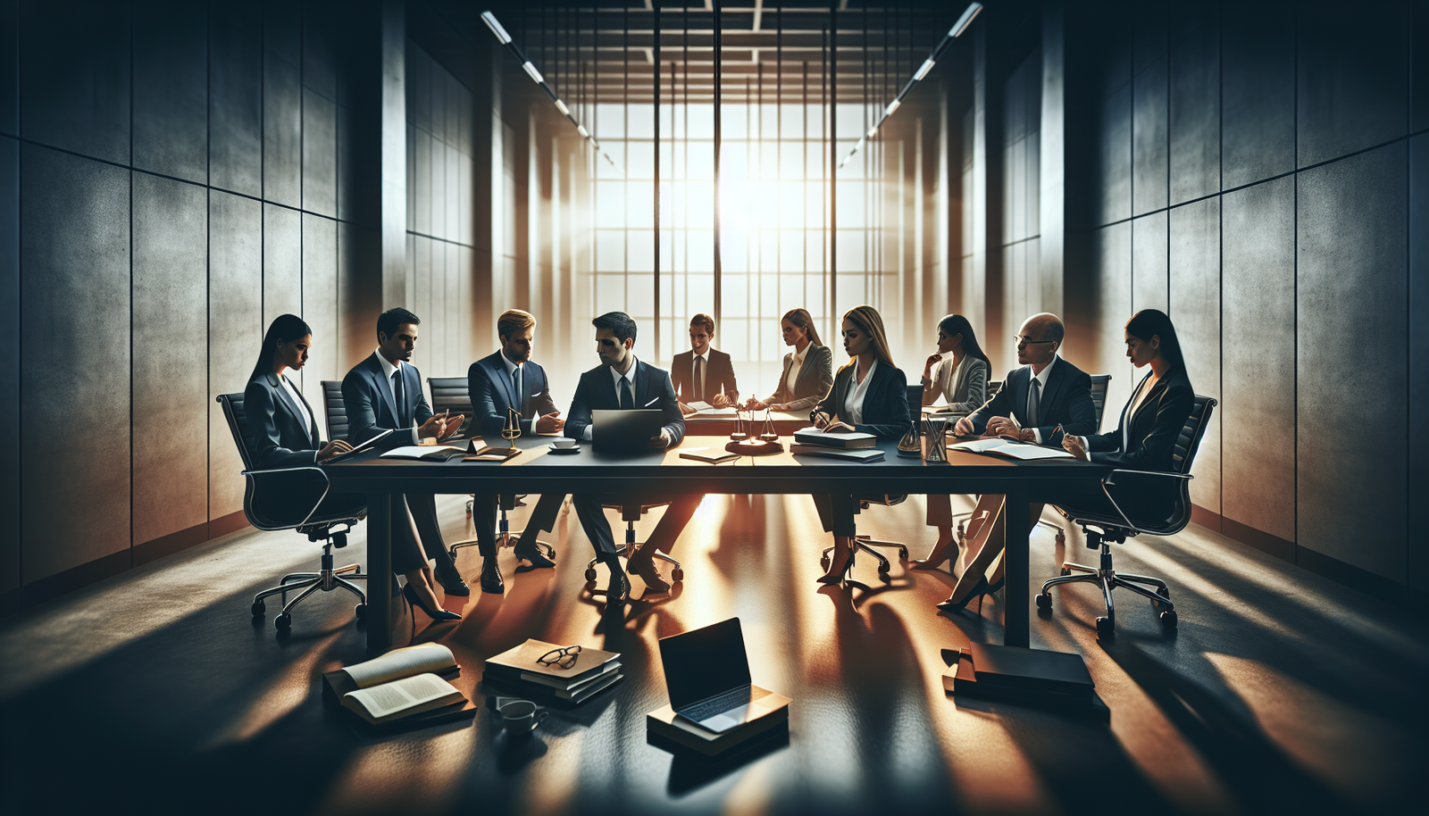 Diverse lawyers brainstorm 50 blog post ideas in a modern office, collaborating with laptops and tablets, showcasing innovation.