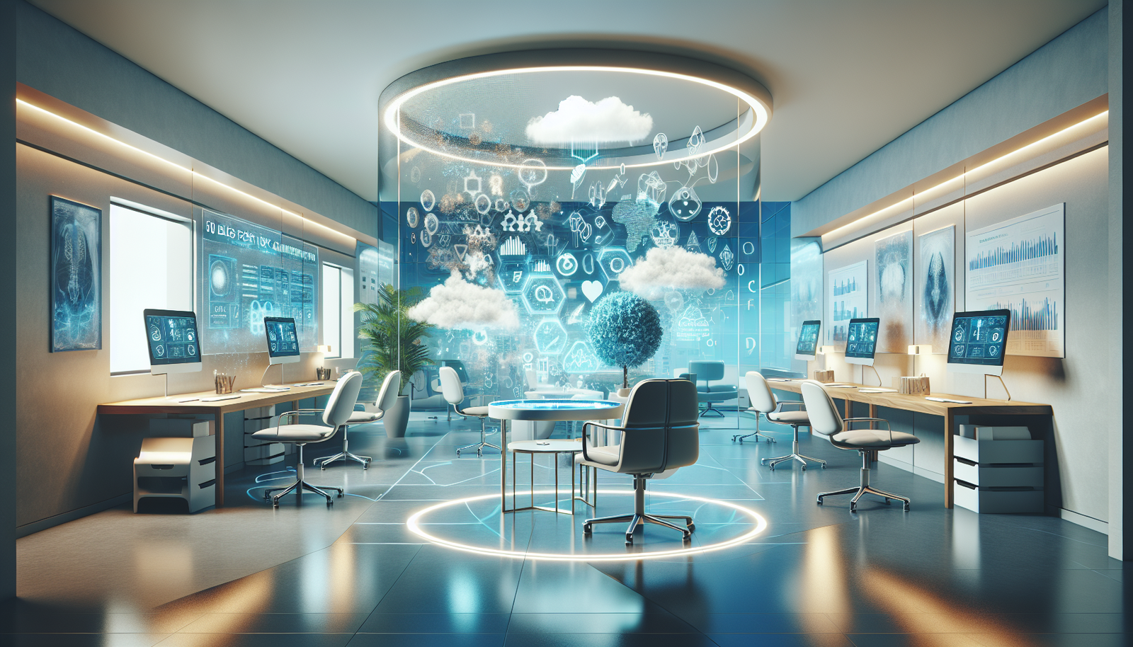 Futuristic chiropractic office with digital screens and ergonomic furniture, embodying 50 blog post ideas for chiropractors in 2026.