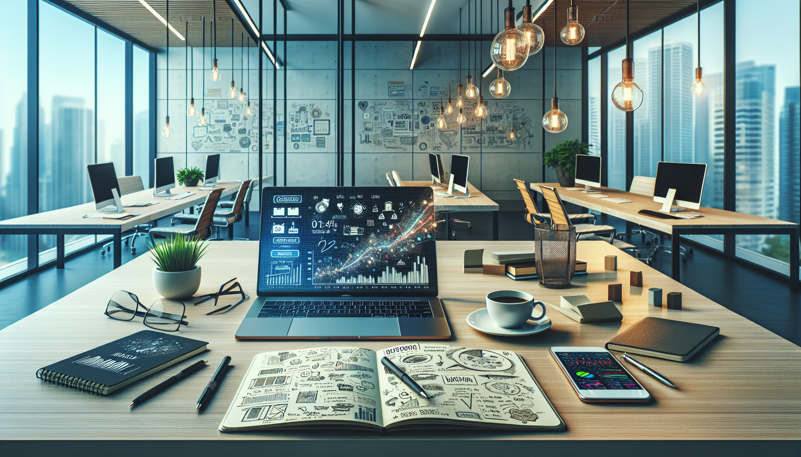 Modern desk with a laptop open to a real estate site, notebook, coffee, and phone with analytics; ideal for 50 blog post ideas for real estate agents.