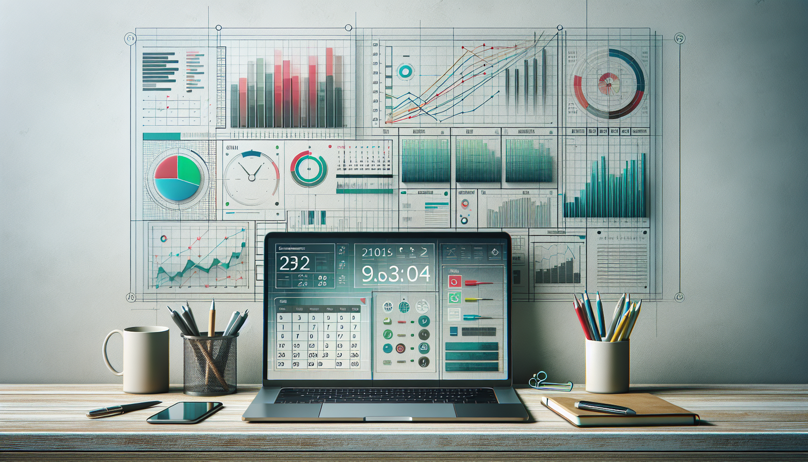 Modern workspace with minimalist desk setup featuring a laptop displaying a vibrant digital calendar, ideal for blog post ideas for accountants.