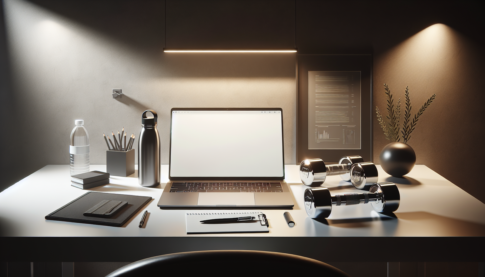 Modern workspace with a laptop open to a blank document, surrounded by dumbbells, a water bottle, and a notepad, inspiring blog post ideas for personal trainers.