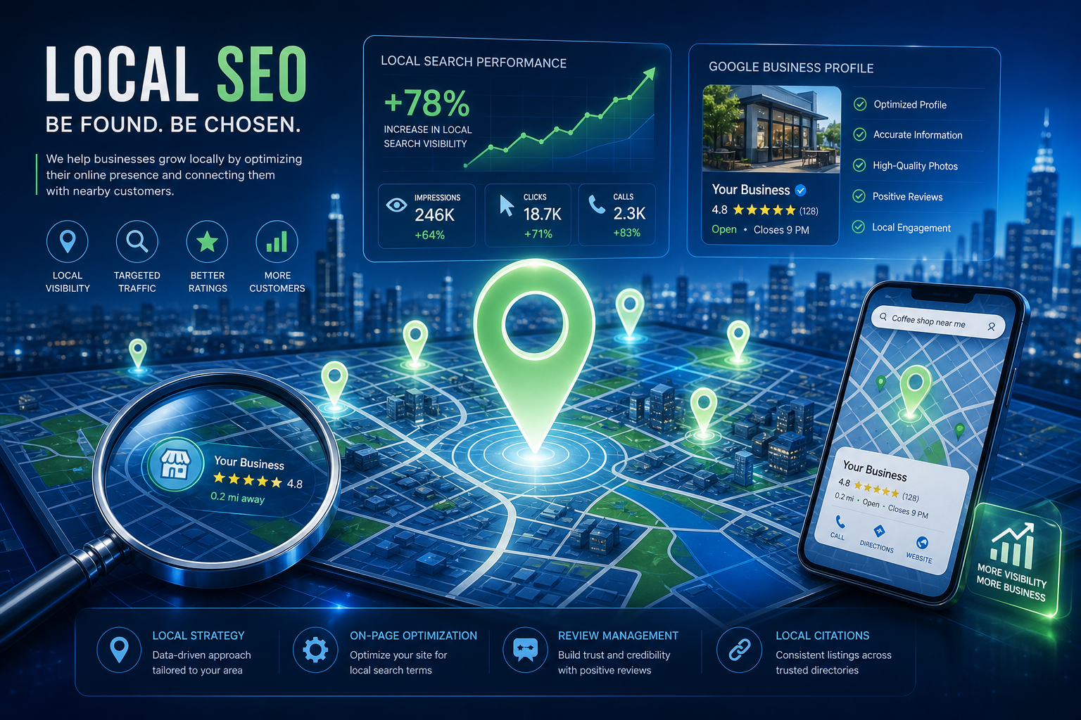 Futuristic digital landscape with a stylized map, magnifying glasses, and glowing markers illustrating local SEO services.