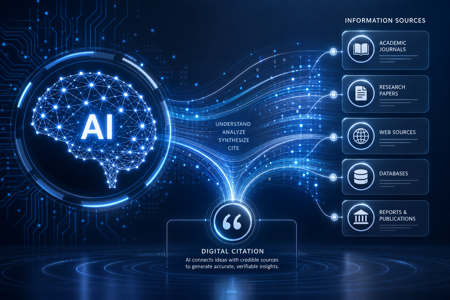 Abstract AI and digital citation design with neural network, nodes, and data streams in blues and silvers, illustrating how to get cited by ChatGPT.