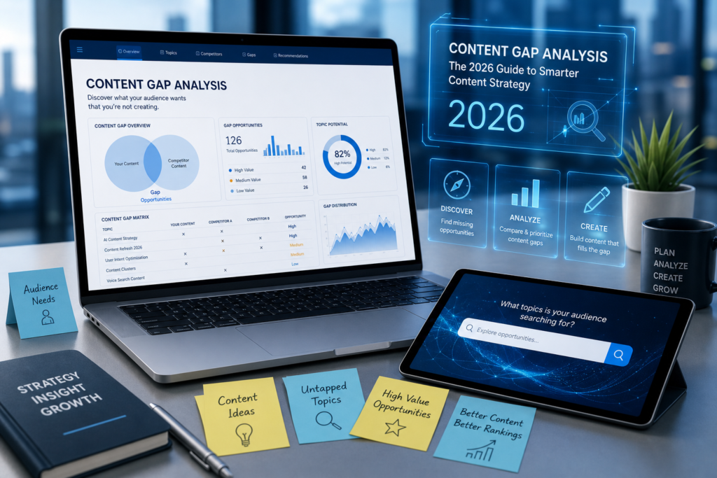Modern digital workspace with a sleek laptop showing analytical graphs, surrounded by sticky notes and a tablet with a search bar, illustrating a futuristic approach to content gap analysis for 2026.