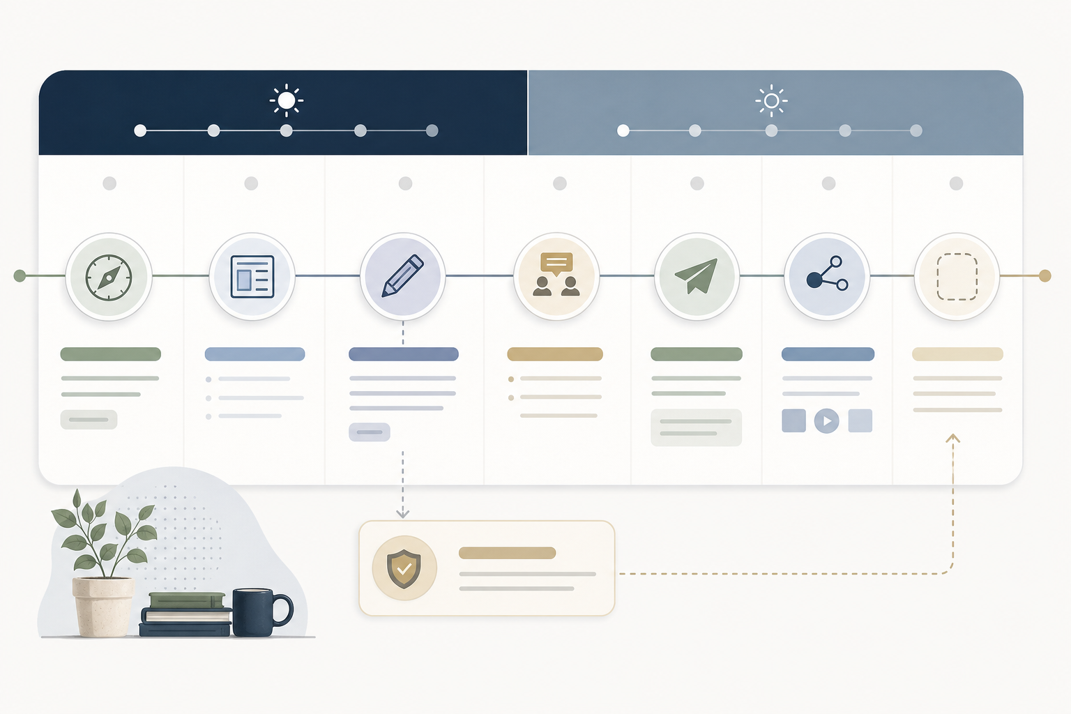 Two-week content workflow with a backup post for busy weeks.