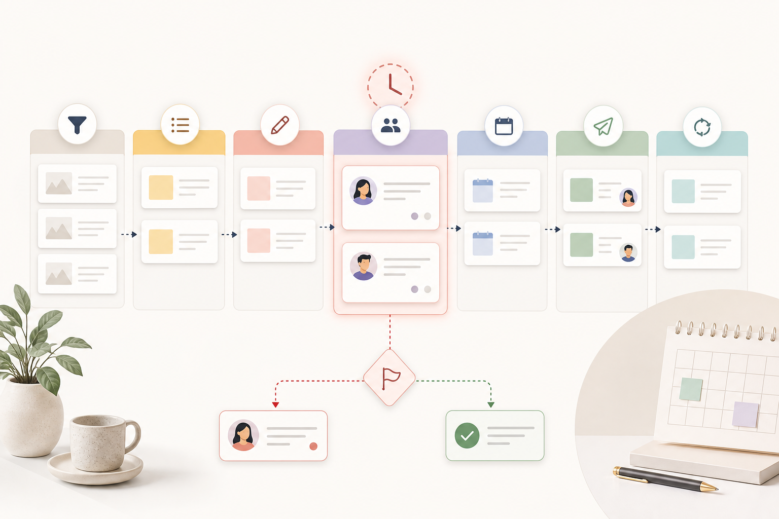 Content workflow stages from idea capture to repurposing.