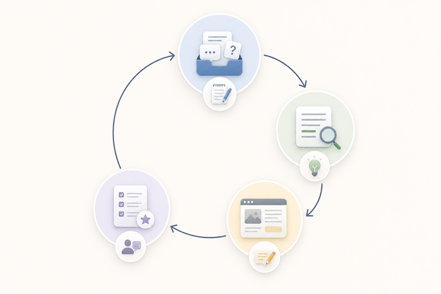 Four-stage audience feedback loop from questions to published content and review