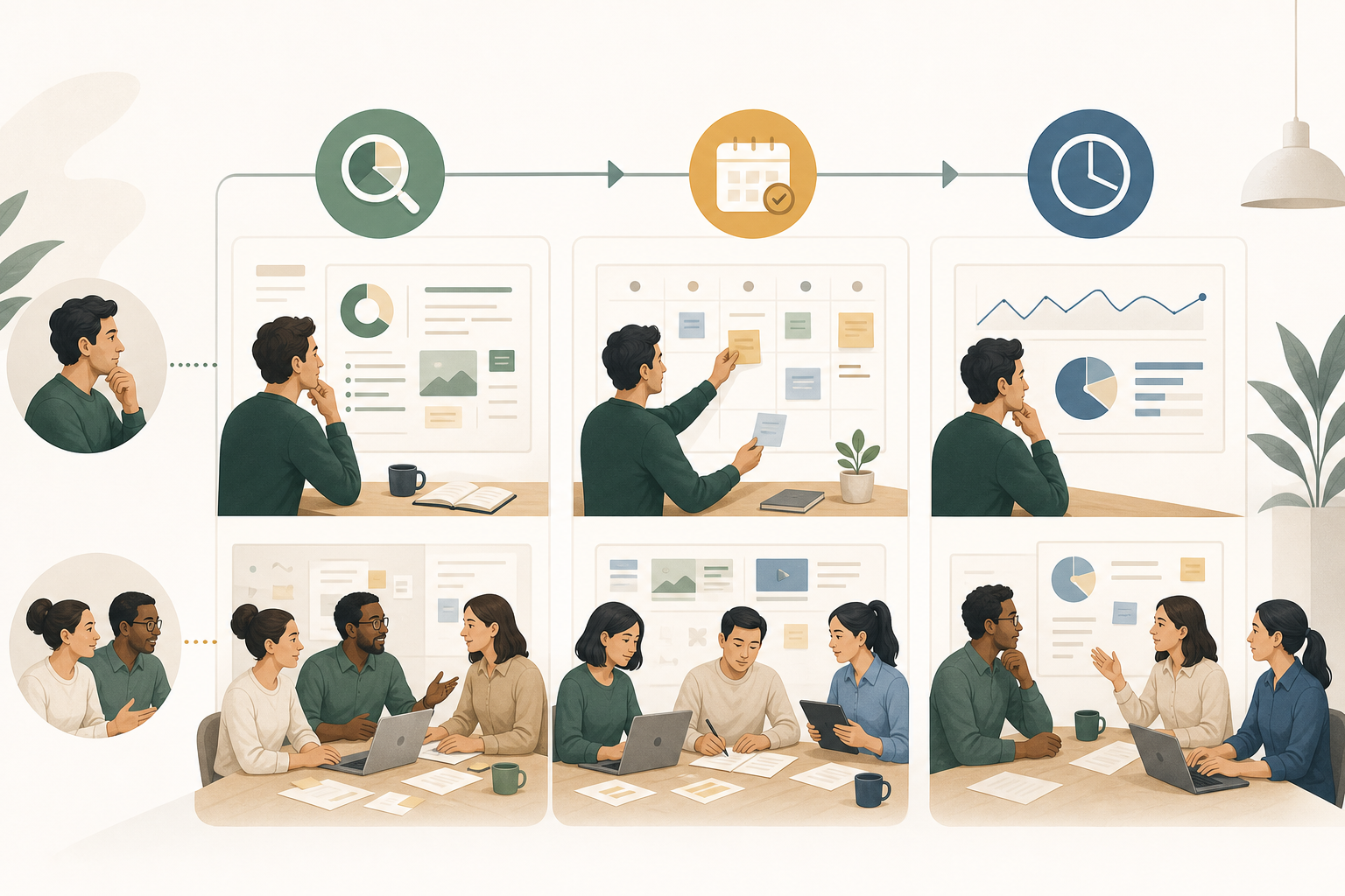 Three-stage content planning workflow from strategy to ongoing execution