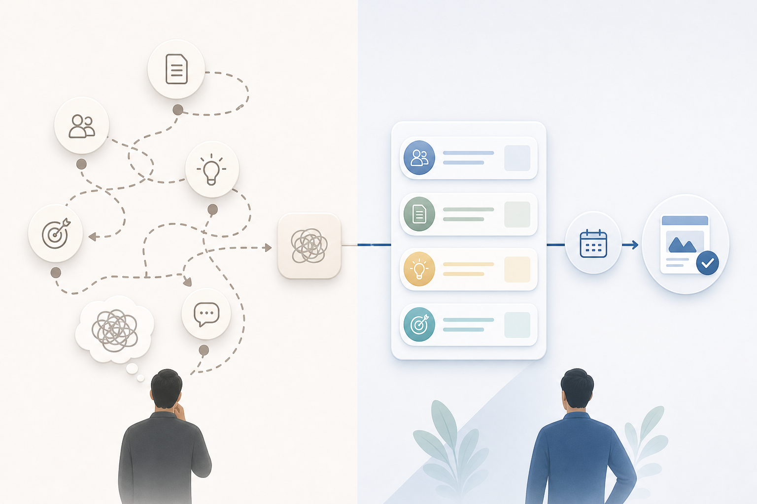 Comparison of repeated ad hoc content decisions and a simple planned content workflow.