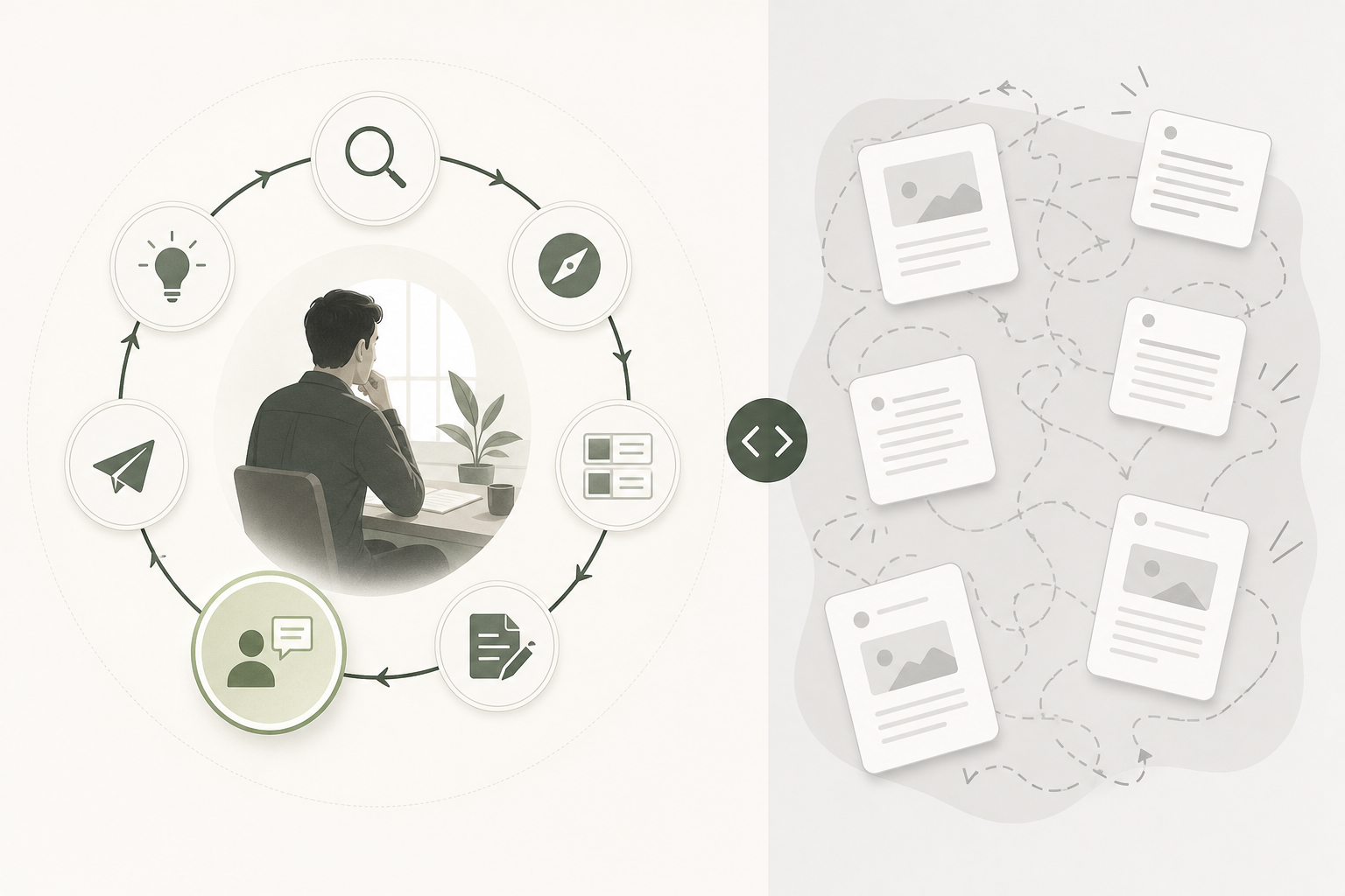 Founder content planning loop from business discovery through review and monthly learning.