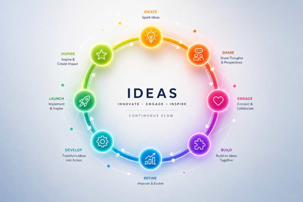 A vibrant, modern circular loop of nodes and lines symbolizes an audience engagement loop for consistent content ideas.