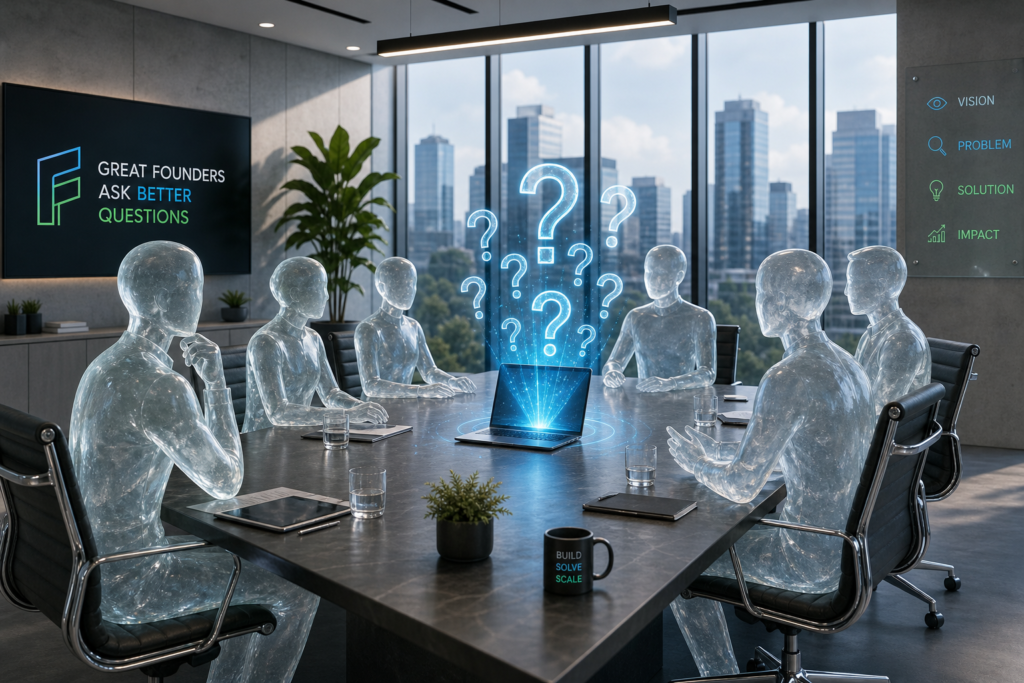 Modern office with abstract frosted glass figures symbolizing business founders around a table. Holographic question marks rise from a laptop, highlighting business discovery questions founders avoid answering. Neutral tones with blue and green accents, cityscape view.