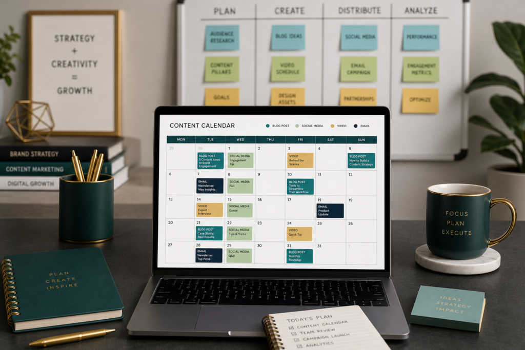 Modern workspace with a laptop showing a digital content calendar. Minimalist office supplies and a whiteboard symbolize strategic planning.