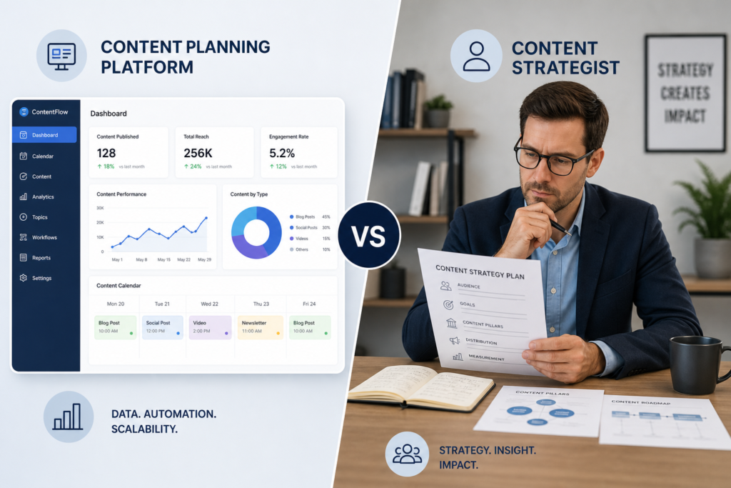 Modern image contrasting a digital content planning platform with a thoughtful content strategist, highlighting technology vs human expertise.