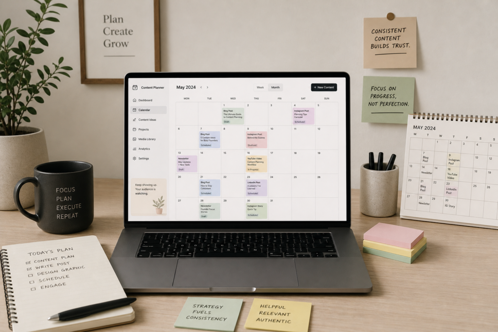 Minimalist desk setup with a sleek laptop showing content planning software, surrounded by a calendar, sticky notes, and coffee, ideal for solo founders.
