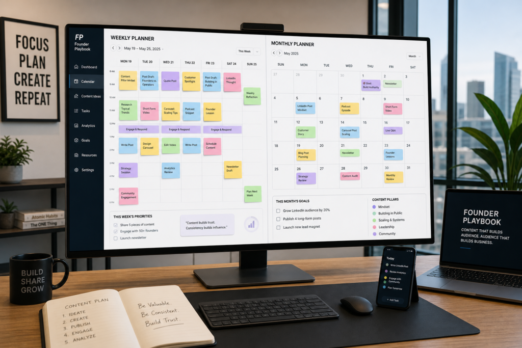 Sleek workspace with a high-res screen displaying a digital calendar, vibrant weekly planner, minimalist monthly planner, laptop, and smartphone, highlighting content planning weekly vs monthly planning cycle.