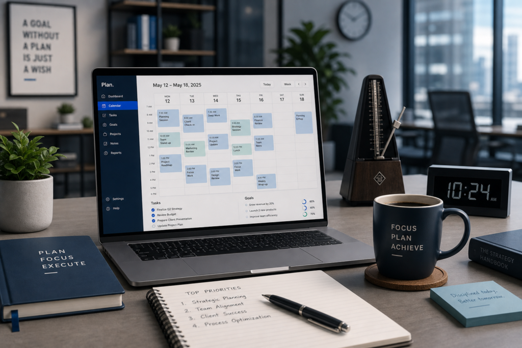 Modern desk setup with a laptop showing a digital planner, notebook, pen, and coffee cup, illustrating founder content planning and weekly operating rhythm.