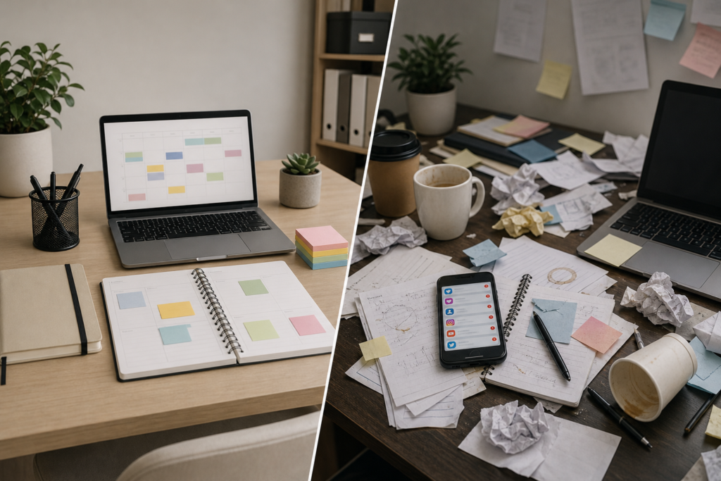 Split-screen image: left side shows a tidy desk with a laptop and planner for a founder-focused content planning system; right side displays a chaotic workspace with scattered papers and coffee cups, symbolizing ad hoc posting.