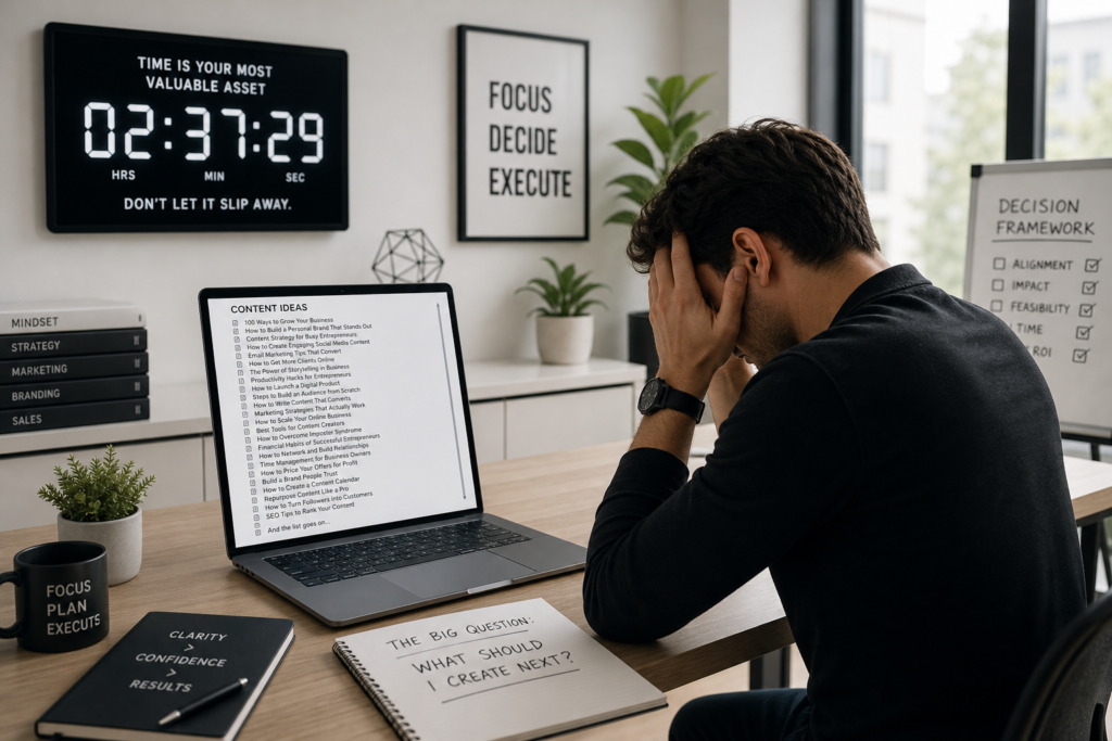 Modern workspace with a digital clock, a frustrated entrepreneur, and a laptop displaying endless content topics. How founders waste time choosing content topics.