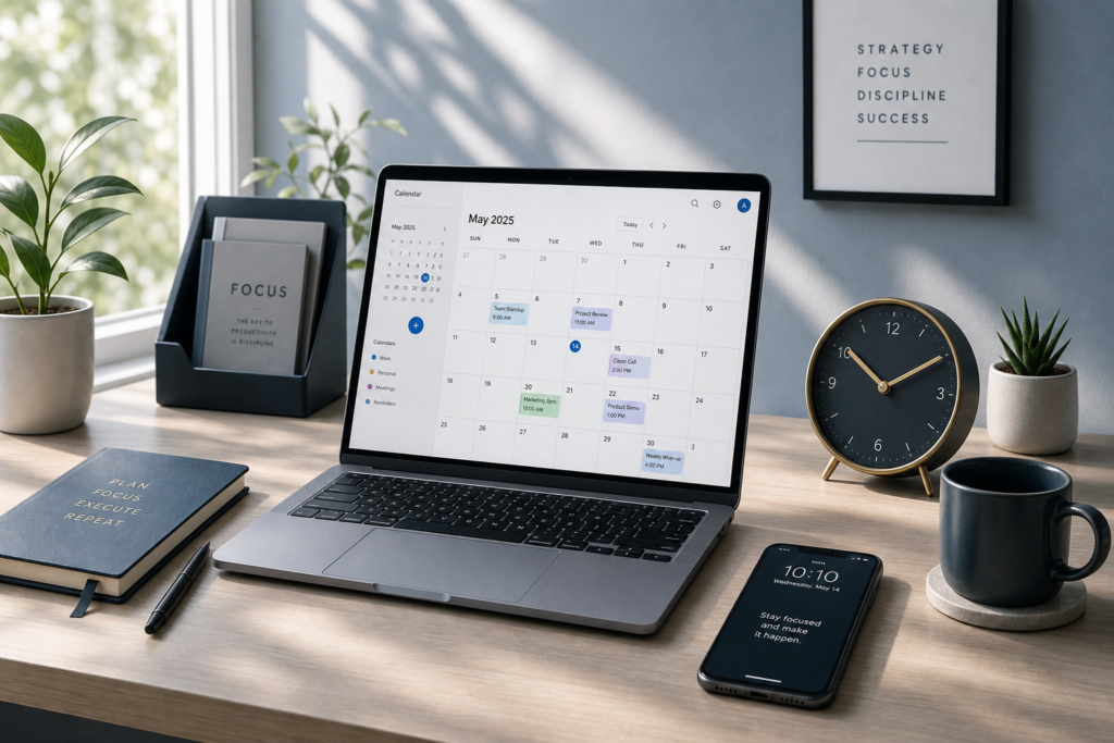 Modern minimalist workspace with a laptop showing a calendar app, notebook, pen, and smartphone, illustrating how to keep consistent content with limited time.